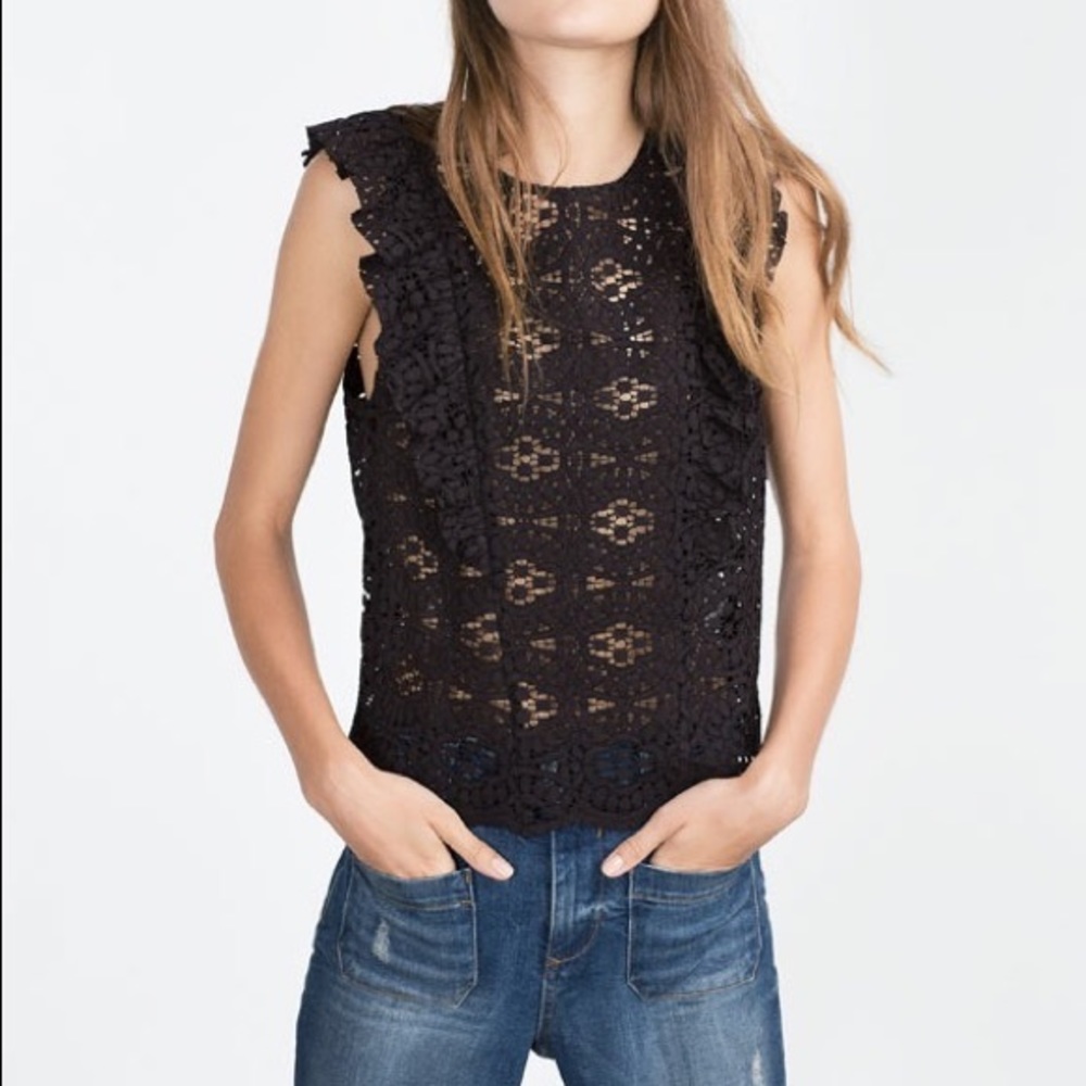 Zara Black Lace Pinafore Ruffle Blouse Top Small